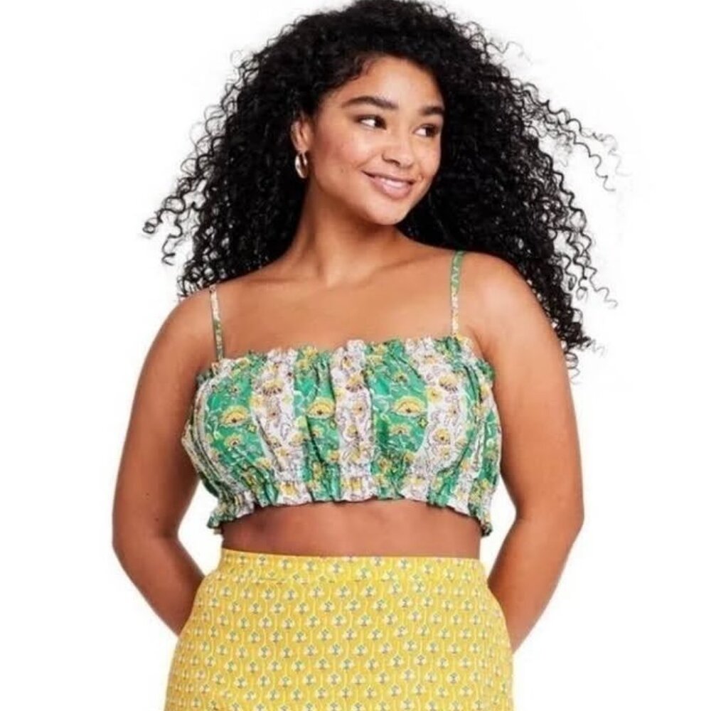 RHODE Ditsy Floral Stripe Crop Top Boho Cottagecore Green Yellow 1X NWT